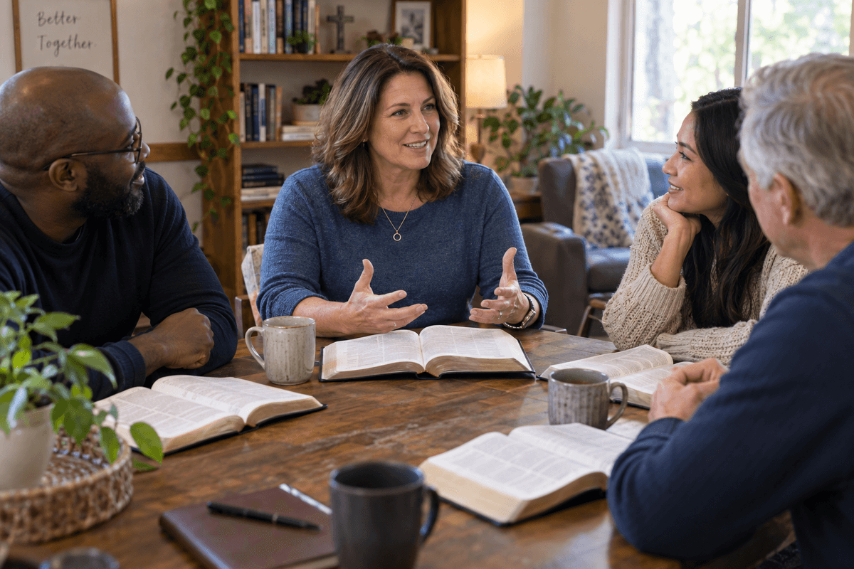 A small-group leader guiding an engaged Bible discussion around a table