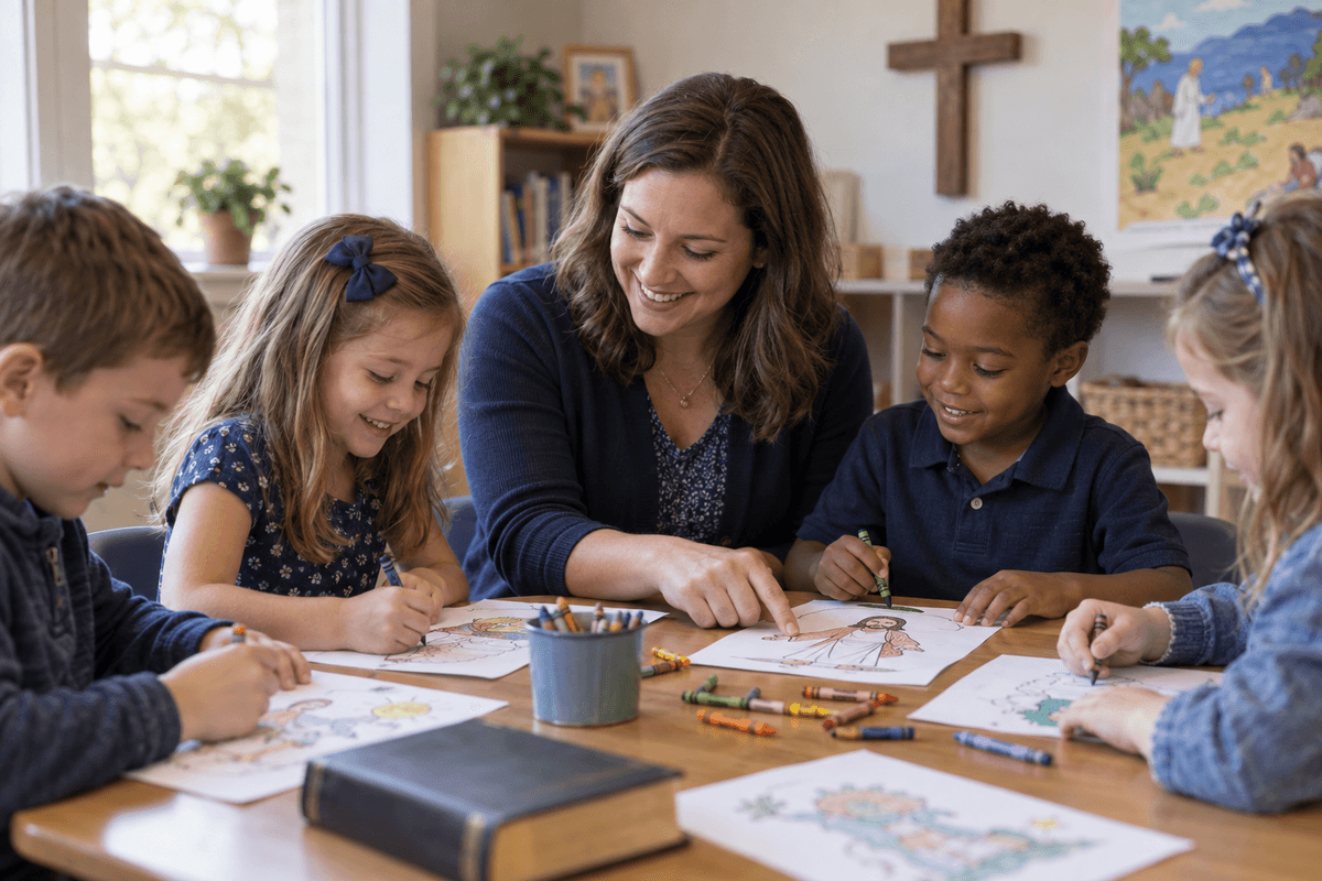 A children's ministry leader helping children with a Bible lesson activity