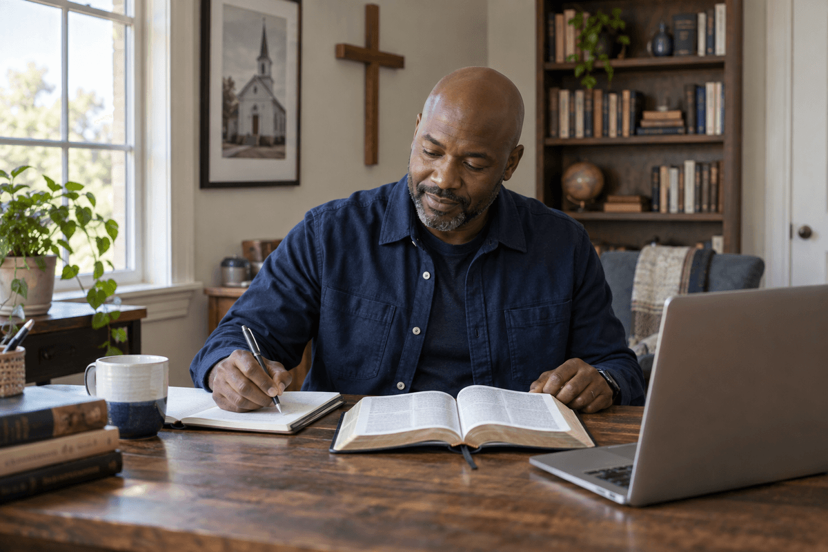 A pastor preparing a message with an open Bible and notebook in a church study