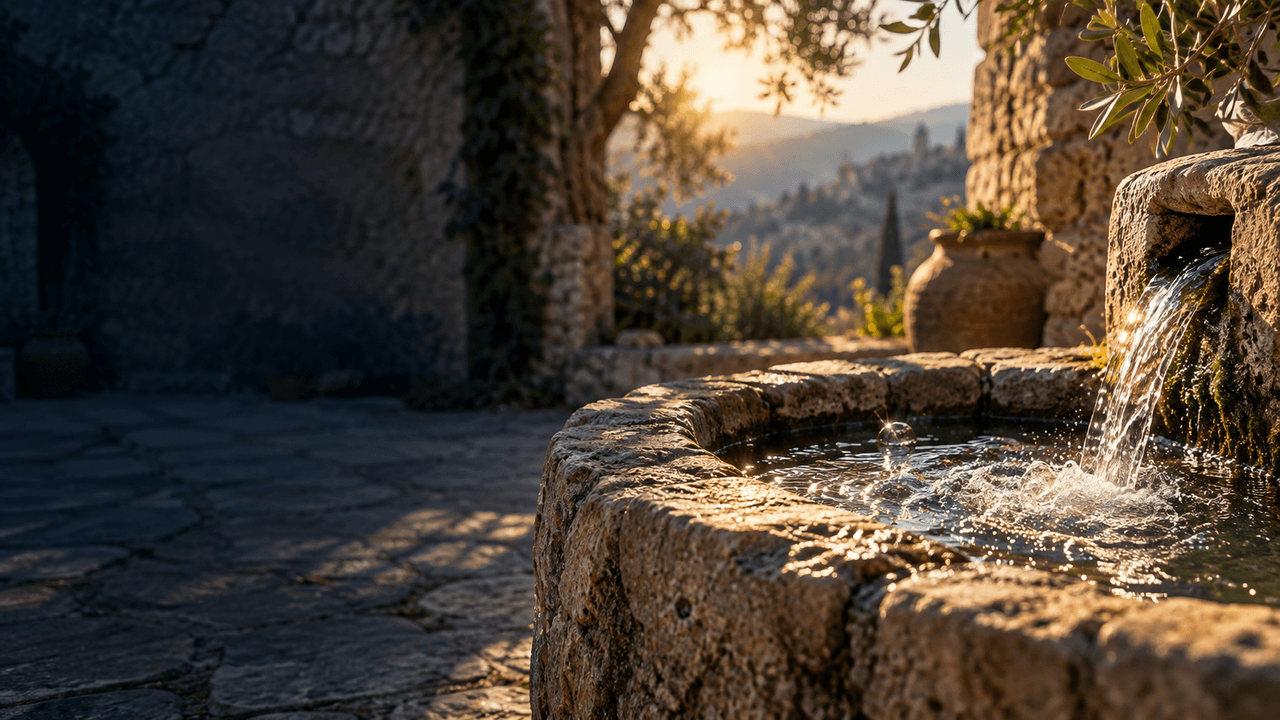 Illustrative artwork of a sunlit stone well with flowing water